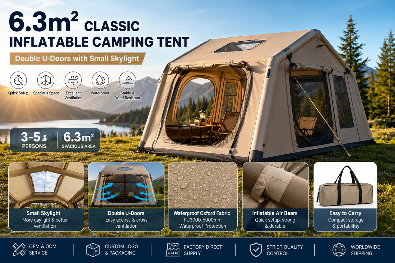 6.3㎡ Classic Inflatable Camping Tent, Double U-Doors with Small Skylight