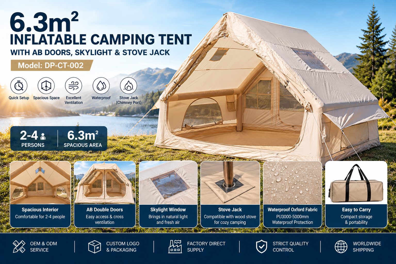 DP-CT-002 | 6.3m² Inflatable Camping Tent with Stove Jack, AB Double Doors & Skylight | Wholesale OEM ODM